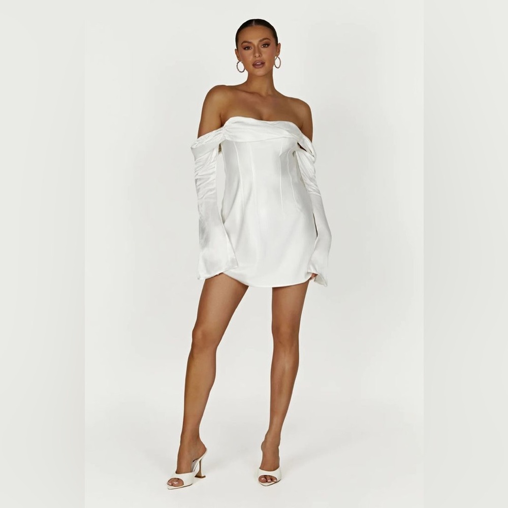 Meshki Giselle Off Shoulder Satin Mini Dress